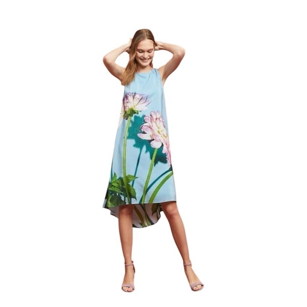 Anthropologie Photorealistic Silk Floral High Low Midi Dress Size 8 Blue